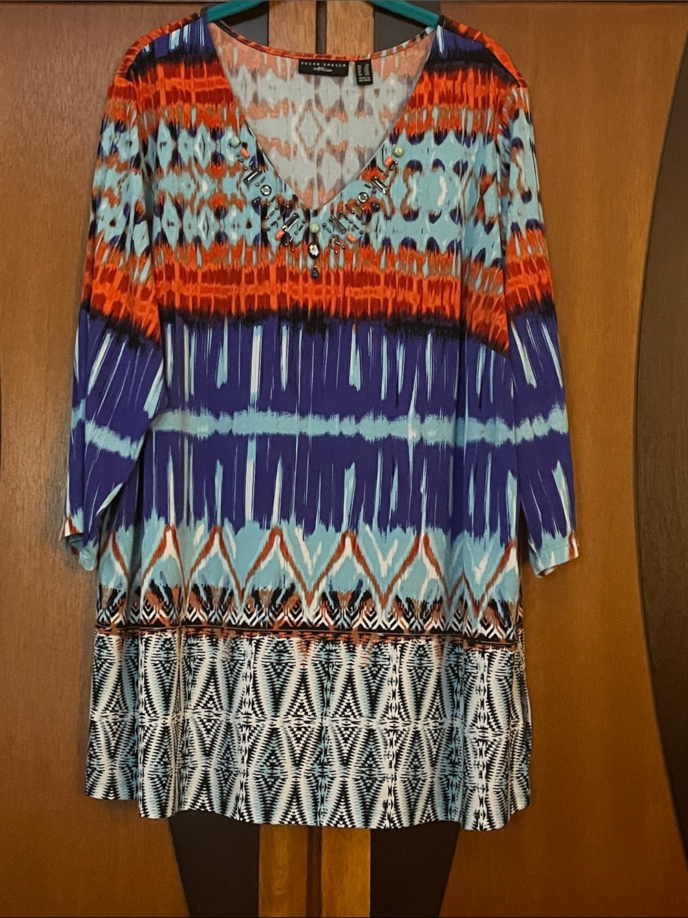 Susan Graver Royal Blue-Orange-Light Blue-Black Abstract V-Neck Patterned Tunic
